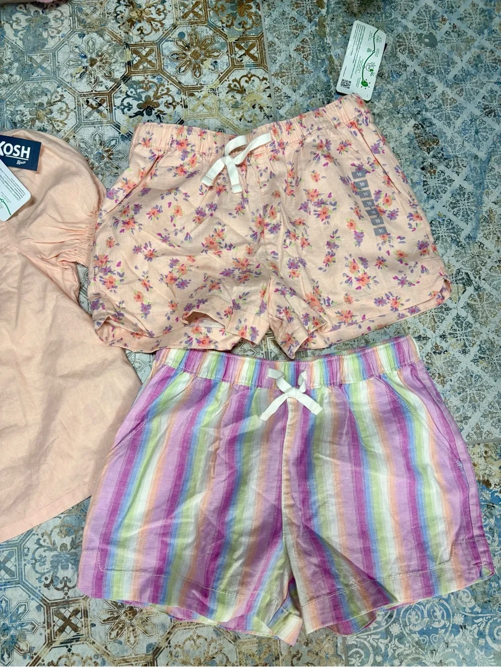 OshKosh B'gosh Peach Top with Peach Floral and Pastel Striped Shorts Set